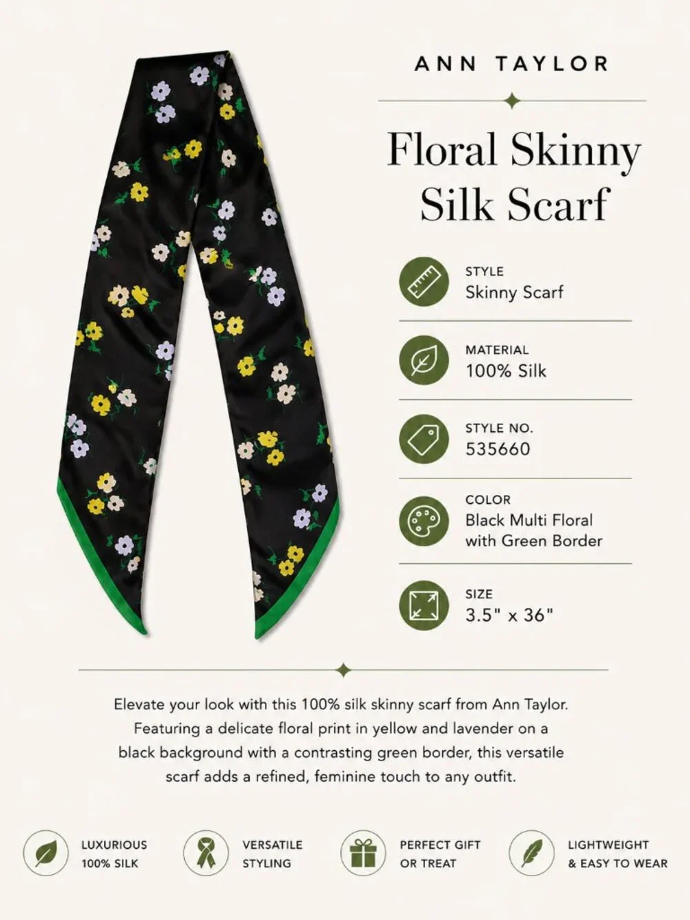 Ann Taylor Fabrica Skinny 100% Silk Scarf Floral Black Yellow Green
